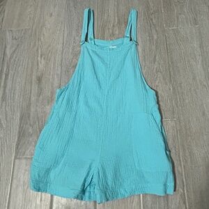 Women's Colsie - Turquoise Muslin Cotton Overall Shorts Romper - SMALL